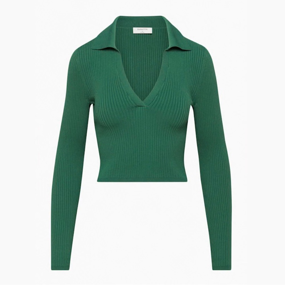 Aritzia Babaton Sculpt Knit Polo Longsleeve top in forest green, size XS